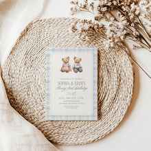 Load image into Gallery viewer, 0327 Beary First Teddy Bear Birthday Invite | Blue pink siblings Editable Template | Digital Download