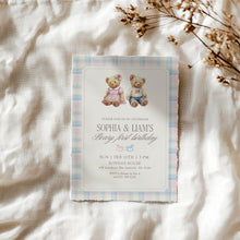 Load image into Gallery viewer, 0327 Beary First Teddy Bear Birthday Invite | Blue pink siblings Editable Template | Digital Download