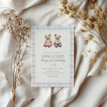Load image into Gallery viewer, 0327 Beary First Teddy Bear Birthday Invite | Blue pink siblings Editable Template | Digital Download