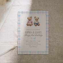 Load image into Gallery viewer, 0327 Beary First Teddy Bear Birthday Invite | Blue pink siblings Editable Template | Digital Download