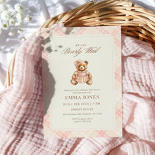 Load image into Gallery viewer, 2036 Pink Vintaeg Plaid Teddy Bear Bearly Wait Baby Shower Invite Template, Digital Download