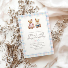 Load image into Gallery viewer, 0327 Beary First Teddy Bear Birthday Invite | Blue pink siblings Editable Template | Digital Download
