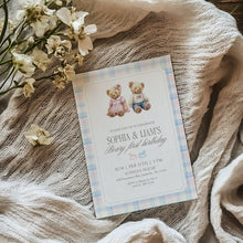 Load image into Gallery viewer, 0327 Beary First Teddy Bear Birthday Invite | Blue pink siblings Editable Template | Digital Download
