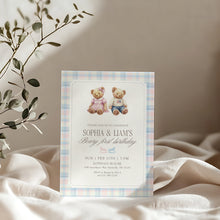 Load image into Gallery viewer, 0327 Beary First Teddy Bear Birthday Invite | Blue pink siblings Editable Template | Digital Download