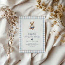 Load image into Gallery viewer, 0327 Blue Gingham Teddy Bear First Birthday Invite | Editable Template | Digital Download