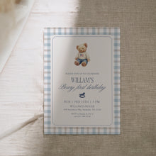 Load image into Gallery viewer, 0327 Blue Gingham Teddy Bear First Birthday Invite | Editable Template | Digital Download