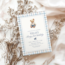 Load image into Gallery viewer, 0327 Blue Gingham Teddy Bear First Birthday Invite | Editable Template | Digital Download