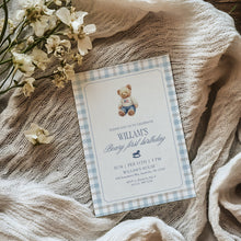 Load image into Gallery viewer, 0327 Blue Gingham Teddy Bear First Birthday Invite | Editable Template | Digital Download