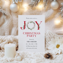 Load image into Gallery viewer, 2033 JOY Christmas Party Invite with Greenery & Red Berries, Editable Template, Digital Download