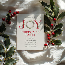 Load image into Gallery viewer, 2033 JOY Christmas Party Invite with Greenery & Red Berries, Editable Template, Digital Download