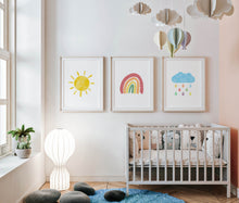 Load image into Gallery viewer, Watercolor colorful rainbow cloud sun set of 3 art prints 07-50