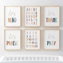 Load image into Gallery viewer, set of 6 boho Christian kids bible verse and alphabet art prints 07-186