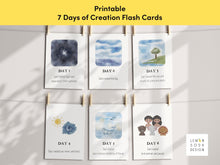 Load image into Gallery viewer, 7 Day of Creation flash card, PRINTABLE Christian Educational, 5x7, 4x6, Scripture numbers card, Sunday school Christian homeschool art