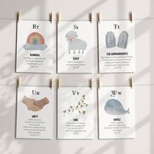 Load image into Gallery viewer, Editable printable biblical alphabet ABC flash card, Christian Home school Education, 5x7 card, Scripture ABC card, Sunday school activity