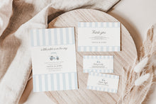 Load image into Gallery viewer, Editable light Blue Golf cart Baby Shower invitation mini set, Custom digital baby boy shower invite template, Modern Baby shower decor 0205