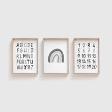 Load image into Gallery viewer, set of 3 black rainbow with alphabet watercolor art prints 07-4001