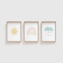 Load image into Gallery viewer, Watercolor pastel rainbow cloud sun set of 3 art prints 07-50