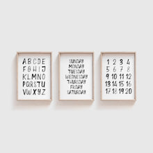 Load image into Gallery viewer, set of 3 black alphabet watercolor art prints 07-4001