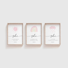 Load image into Gallery viewer, Watercolor pink SHE Christian kids bible verse set of 3 art prints 07- 50