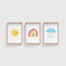 Load image into Gallery viewer, Watercolor colorful rainbow cloud sun set of 3 art prints 07-50