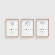 Load image into Gallery viewer, Watercolor blue HE Christian kids bible verse set of 3 art prints 07- 50