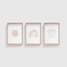 Load image into Gallery viewer, Watercolor neutral rainbow cloud sun set of 3 art prints 07-50