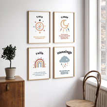 Load image into Gallery viewer, Watercolor boho Christian kids bible verse set of 4 art prints 07-243