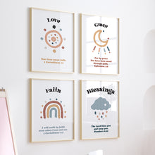 Load image into Gallery viewer, Watercolor boho Christian kids bible verse set of 4 art prints 07-243