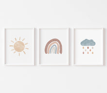 Load image into Gallery viewer, Watercolor earthy boho rainbow cloud sun set of 3 art prints 07-50