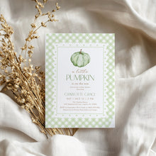 Load image into Gallery viewer, 2019 Green Pumpkin Baby Shower Invitation Set, Editable Template with Diaper Raffle, Books for Baby, Thank You Card, Fall Baby Shower Bundle