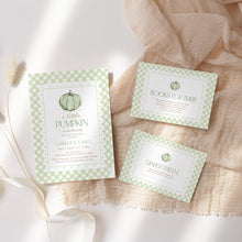 Load image into Gallery viewer, 2019 Green Pumpkin Baby Shower Invitation Set, Editable Template with Diaper Raffle, Books for Baby, Thank You Card, Fall Baby Shower Bundle