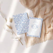 Load image into Gallery viewer, Corjl editable blue floral monogram baby shower invitation 2015