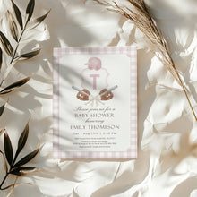 Load image into Gallery viewer, Corjl editable pink preppy baseball baby shower crest invitation 2016