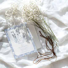 Load image into Gallery viewer, Corjl editable blue floral monogram baby shower invitation 2015