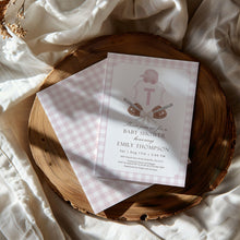 Load image into Gallery viewer, Corjl editable pink preppy baseball baby shower crest invitation 2016