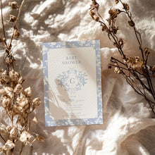 Load image into Gallery viewer, Corjl editable blue floral monogram baby shower invitation 2015