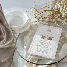 Load image into Gallery viewer, Corjl editable pink preppy baseball baby shower crest invitation 2016