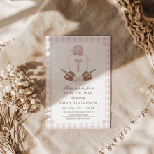 Load image into Gallery viewer, Corjl editable pink preppy baseball baby shower crest invitation 2016