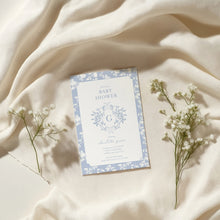 Load image into Gallery viewer, Corjl editable blue floral monogram baby shower invitation 2015