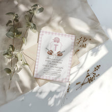 Load image into Gallery viewer, Corjl editable pink preppy baseball baby shower crest invitation 2016