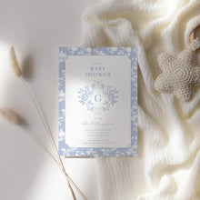 Load image into Gallery viewer, Corjl editable blue floral monogram baby shower invitation 2015