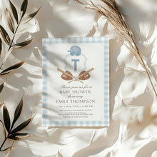 Load image into Gallery viewer, Corjl editable blue preppy baseball baby shower crest invitation 2016