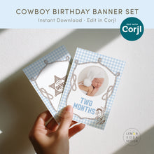 Load image into Gallery viewer, First Rodeo Happy Birthday Banner Set Boy Cowboy Banner Bundle Blue Gingham Western Party 0336