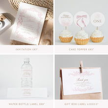 Load image into Gallery viewer, Pink Toile Birthday Invitation Bundle, Coquette Bow Spring 1st Birthday, Editable Template 0328