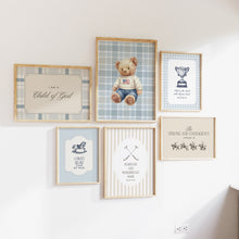 Load image into Gallery viewer, Blue Vintage Christian Teddy Bear Prints, Bible Verse Gallery Art 07-352