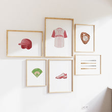 Load image into Gallery viewer, Watercolor red baseball gallery wall art set of 6 prints 07-27301
