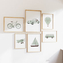 Load image into Gallery viewer, Sage green transportation boys room set of 6 gallery wall art prints 07-24803