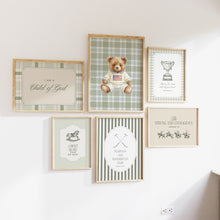 Load image into Gallery viewer, Sage Green Vintage Christian Polo Teddy Bear Prints, Bible Verse Gallery Art 07-352