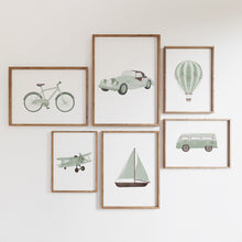Load image into Gallery viewer, Sage green transportation boys room set of 6 gallery wall art prints 07-24803