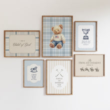 Load image into Gallery viewer, Blue Vintage Christian Teddy Bear Prints, Bible Verse Gallery Art 07-352